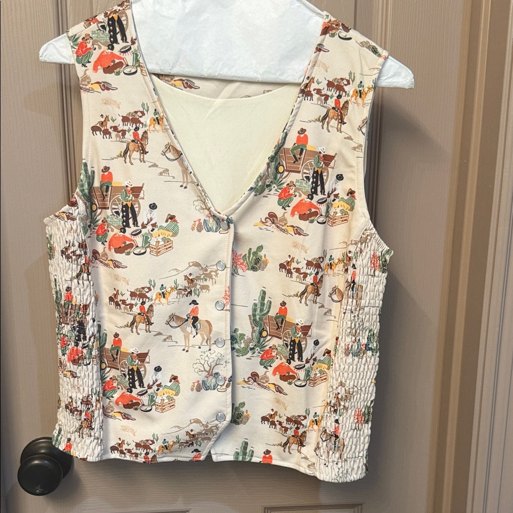 Oregon trail Scene pearl snap vest- Cream with Multi-Color - Picture 4 of 7
